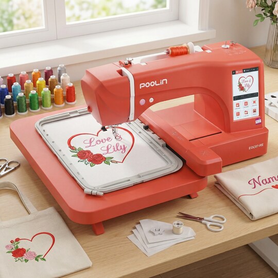 POOLIN; Official Poolin EOC07-RE with 7.87x14.96" Largest Area Computerized Embroidery Machine 7" LCD Big Touch Screen, USB & Wi-Fi, Online Digitizing Software for Free for Small Custom Embroidery Business; Category:Sewing Machines; Image:1